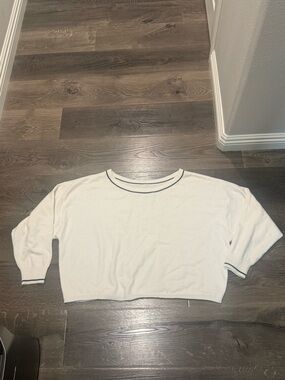 Cream Cropped Knit Sweater with Navy Trim